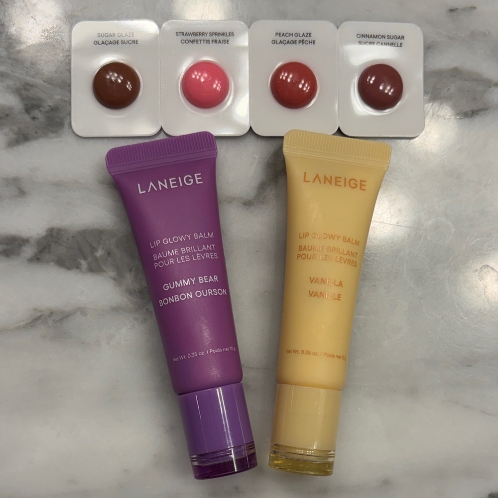 BRAND NEW. LANEIGE Lip Glowy Balm Duo. gummy bear + vanilla + single use samples